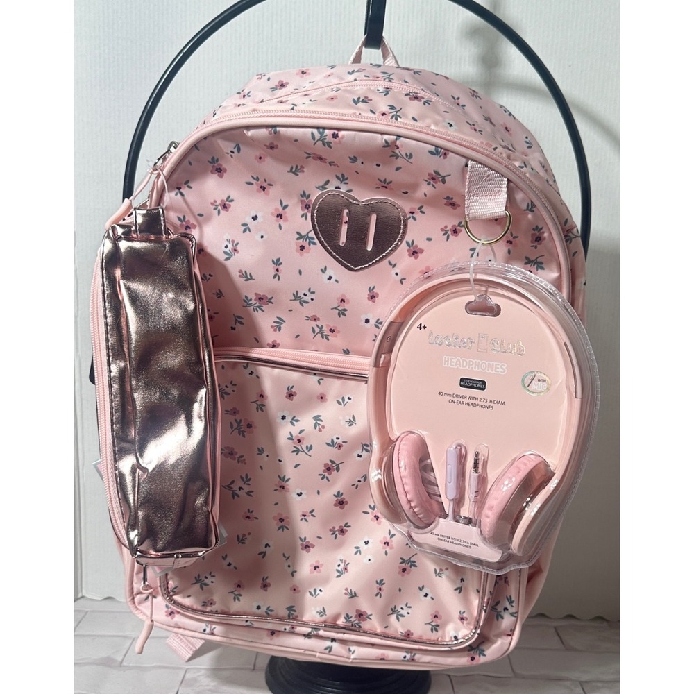 Locker Club Pink Floral Backpack Headphones and Pencil Case 3‎ Piece Set New - Picture 2 of 16
